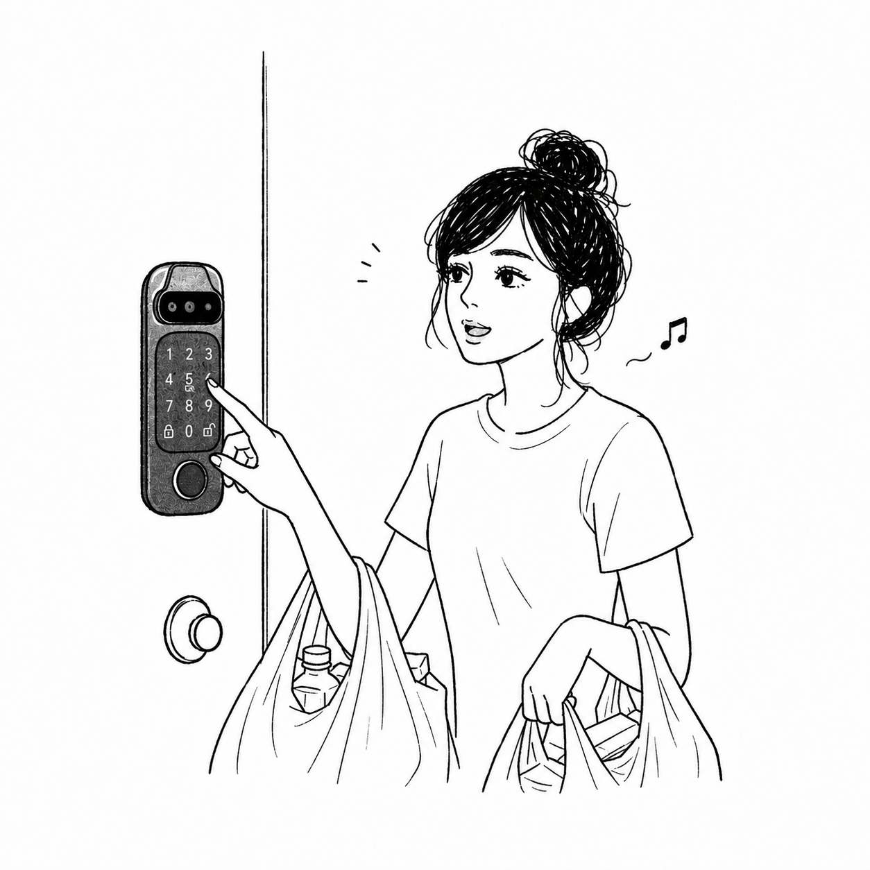 買い物帰りにスマートロックを使う女性のイラスト